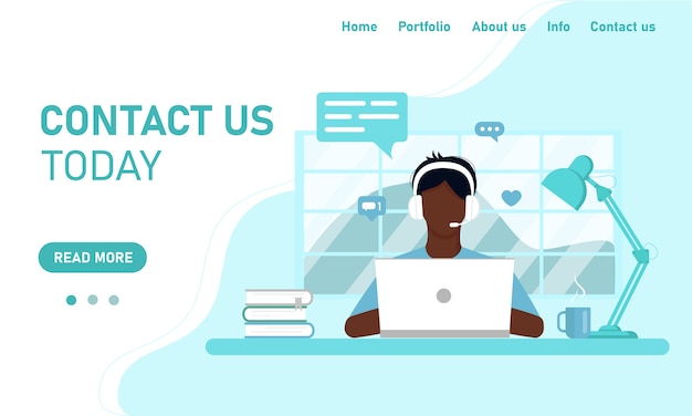 Vector concept template for web site and banner chat customer service support. the guy the african operator at the laptop works from the home office, online training. flat style, design