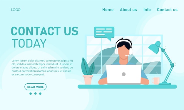 Concept template for web site and banner chat customer service support. The guy the operator behind the laptop works from the home office, online training. Flat style, design  