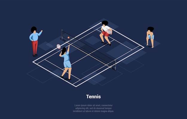 Il concetto di gioco di tennis e la squadra di baseball dell'accademia sportiva sta giocando la partita il giocatore della squadra serve la palla agli arbitri avversari e i fan stanno guardando il gioco isometrico cartoon 3d vector illustration