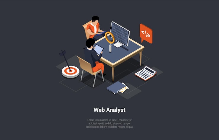 Vector concept of testing data analysis and debugging web analyst character marketer analyzing data and diagram on computer analytic business and reporting data isometric 3d cartoon vector illustration