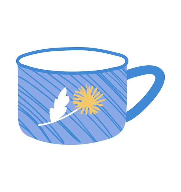 Concept thee koffie kopje pictogram blauwe kom met tekening tak bloem platte vectorillustratie geïsoleerd o...