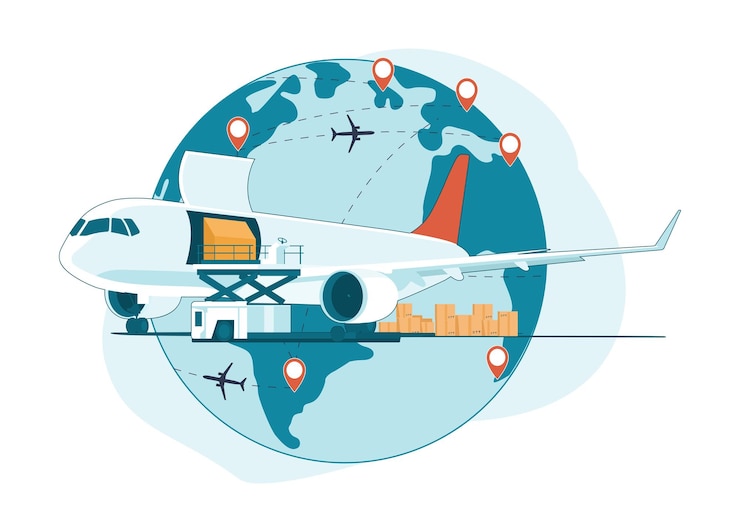 Vector the concept of transporting goods by cargo planes around the world vector illustration