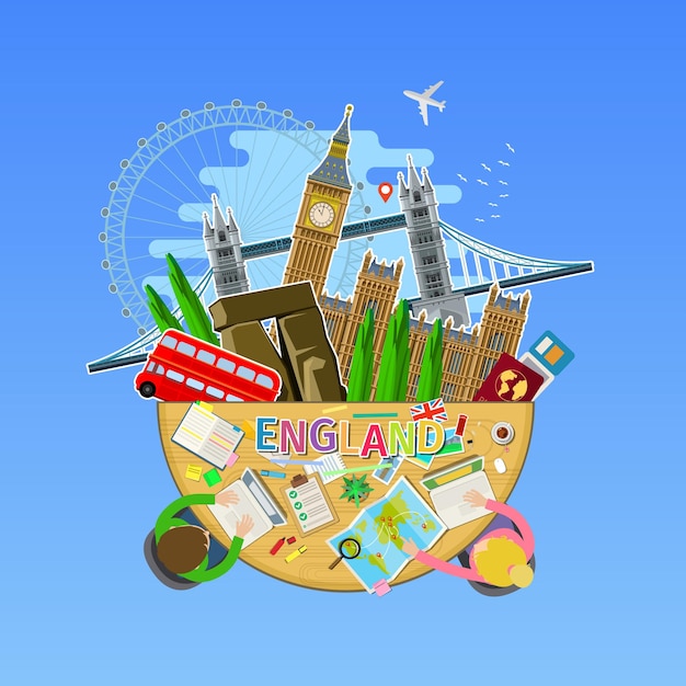 Concept of travel or studying english. english flag with landmarks in the office. flat design, vector illustration