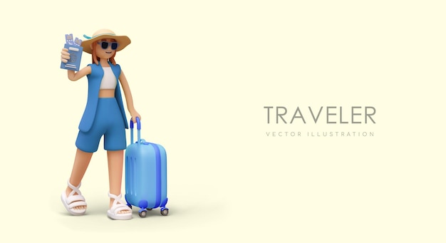 海外旅行のコンセプト 夏の服とサングラスを着た女性は旅行に急いでいます