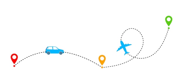 Concetto di viaggiare in auto e in aereo. illustrazione vettoriale. itinerario di viaggio o traccia con indicatori di posizione