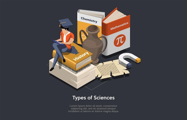 Vector concept of types of science subject education character in graduation hat is reading book sitting on stack of books physics chemistry mathematics and history isometric 3d vector illustration