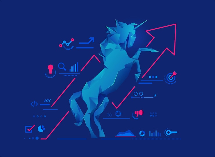 Vector concept of unicorn startup or successful business, graphic of low poly unicorn with startup business elements