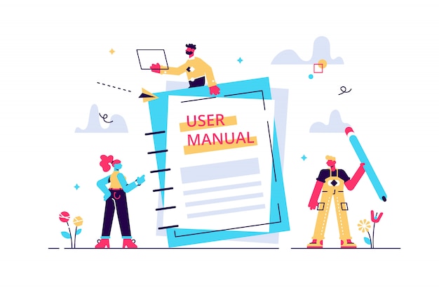 Concept User manual for web page, banner, social media. illustration discussing a content of the guide book, Requirements specifications document. People are reading book instructions.\n