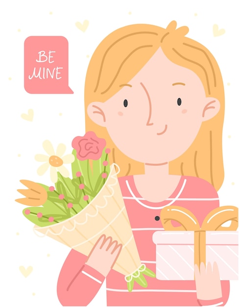 Vector concept of a valentine's day greeting card a girl with a bouquet and a gift and lettering be mine