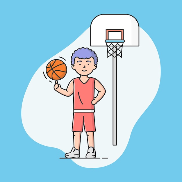 Concept van actieve sport en een gezonde levensstijl. jonge vrolijke jongen speelt basketbal op school of universiteit. basketbalspeler. sports team games. cartoon lineaire omtrek vlakke stijl vectorillustratie.