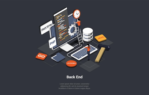 Concept van back-end ontwikkeling codering software engineering programmering serverracks in de big cloud database karakters programmacode op laptopscherm isometrische 3d cartoon vector illustratie