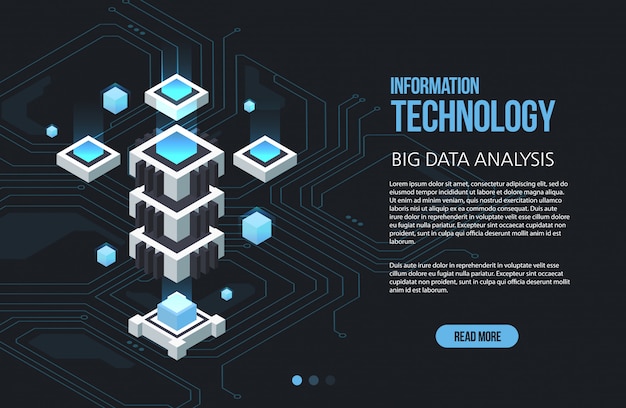 Concept van big data-verwerking, isometrisch datacenter, vector informatieverwerking en opslag. creatieve illustratie met abstracte geometrische elementen.