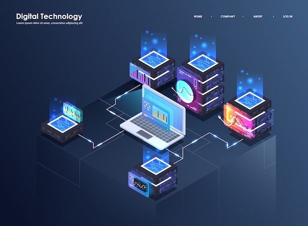 Concept van big data-verwerking, isometrisch datacenter, vector informatieverwerking en opslag. Creatieve illustratie met abstracte geometrische elementen.