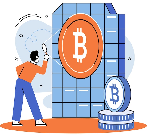 Concept van bitcoin mining blockchain-netwerktechnologie eerste muntaanbod en cryptocurrency Man met vergrootglas werken in bitcoin-mijn Blockchain-transactietechnologie virtuele geldmarkt