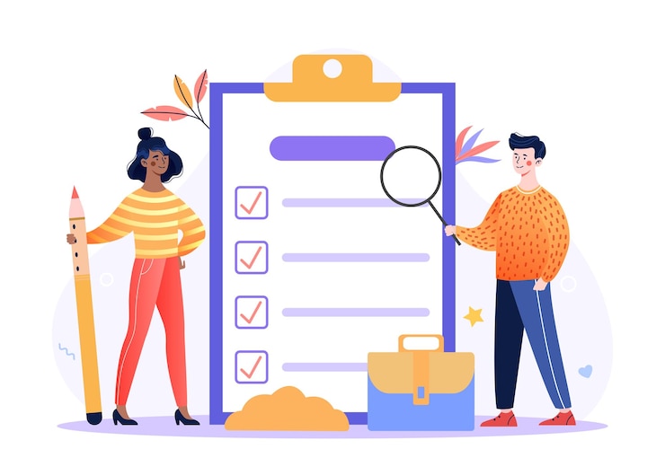 Vector concept van checklist personages die kwaliteitscontroles uitvoeren voor documenten en rapporten analytische teamstudie