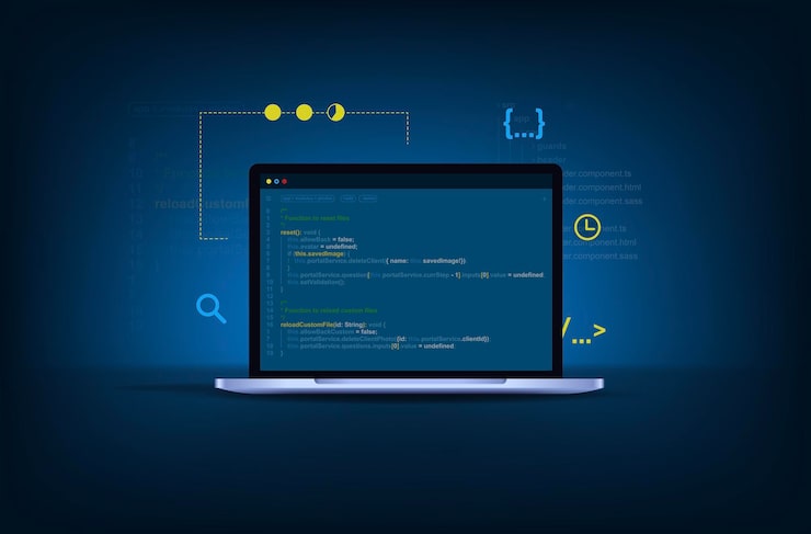 Vector concept van computerprogrammering of software of game-ontwikkeling 3d-vectorillustratie met coderingssymbolen en programmeervensters concept van informatietechnologie en computertechniek