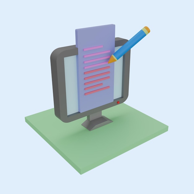 Concept van computerwerk teksten typen realisch 3D-object cartoon stijl