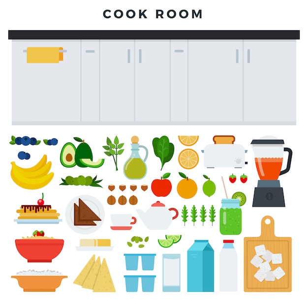 Vector concept van de moderne keuken. werkruimte van de keuken, wat voedsel en keukengerei voor het kookproces
