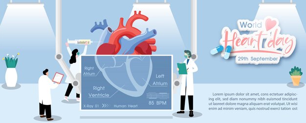 Vector concept van de postercampagne van de wereldhartdag in cartoon personage röntgenbehandeling en gezondheidszorgbewustzijn in platte stijl en vectorontwerp op 29 september