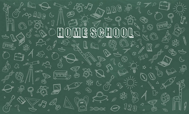 Concept van Education Home School achtergrond schoolbord met verschillende spullen Welkom terug op school ontwerp vector