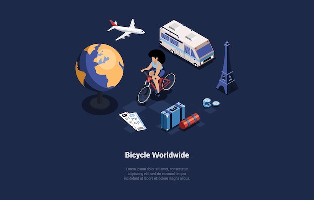 Concept van fiets wereldwijd en reizende vrouwelijke karakter rijden fiets meisje fietsten en plezier wereldwijd tour reizen door camper isometrische 3d-cartoon vectorillustratie