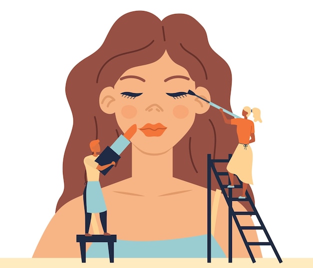 Vector concept van gezichtshuidverzorging, mode schoonheidssalon met professioneel personeel. kleine personages doen make-up voor vrouwen etalagepop.