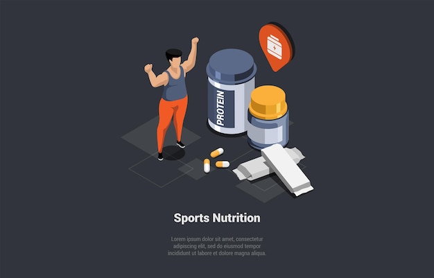 Concept van gezond eten en levensstijl en sportvoeding Oefening en voedingsprogramma Plan mannelijk personage doet aan sport en houdt zich aan sportvoeding Isometrische 3D Cartoon vectorillustratie