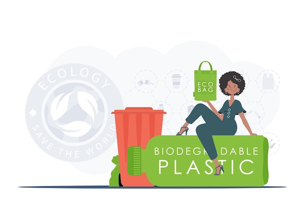 Vector concept van groene wereld en ecologie een vrouw zit op een fles gemaakt van biologisch afbreekbaar plastic en houdt een eco bag in haar handen modetrend illustratie in vector