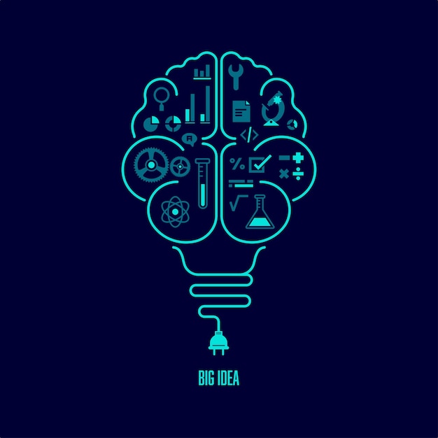 Vector concept van groot idee of creatief denken. vorm van gloeilamp gecombineerd met menselijk brein
