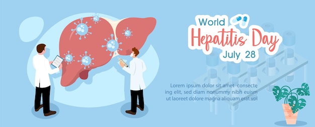 Concept van hepatitis A B C D en poster van de campagne van de wereldhepatitisdag met artsen die de lever behandelen in platte stijl en banner vectorontwerp