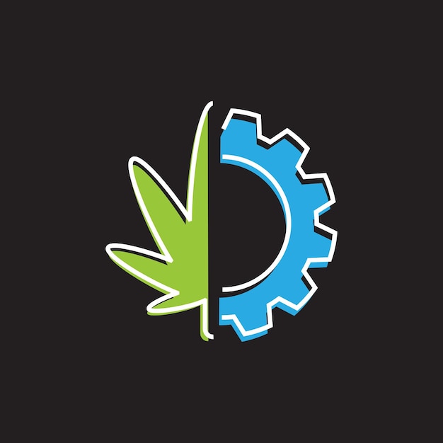 Concept van het logo van het cannabisblad en de versnelling eenvoudig ontwerp van het logo fusie van cannabis onkruid en de verwerking tekening