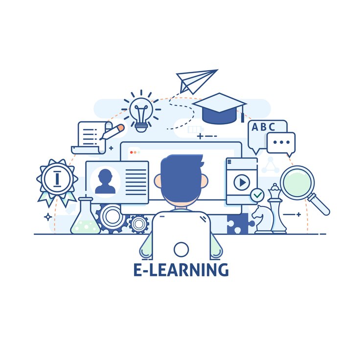 Vector concept van illustratie - communicatie en technologie, modern onderwijs en leren, onderzoek, tutorial. moderne dunne lineaire lijn vector pictogrammen. moderne dunne lineaire lijn vector iconen.