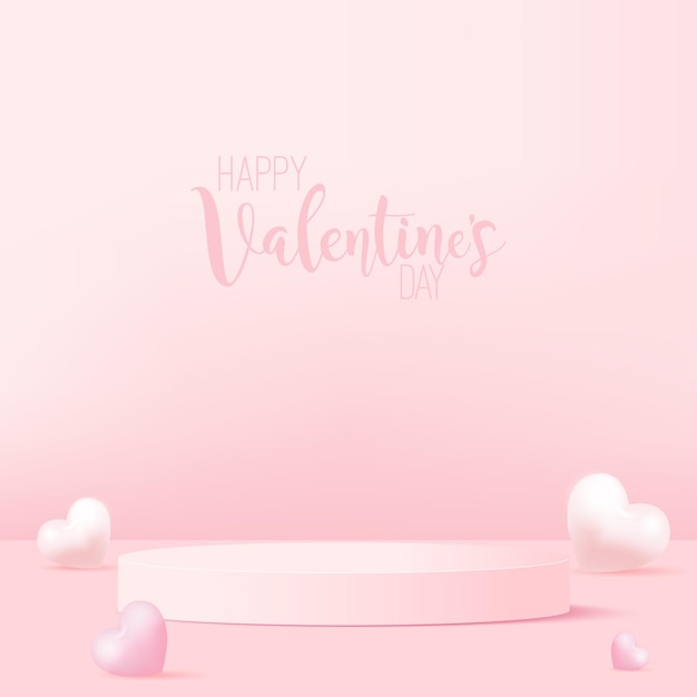 Concept van liefde en Valentijnsdag met roze podium en 3D-harten. Vector illustratie.