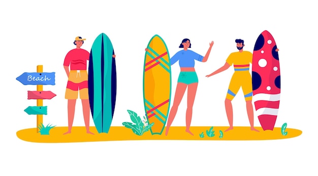 Concept van mensen surfen met surfplanken reizen jonge vrouwen mannen genieten van vakantie aan de zee oceaan concept van zomersporten en vrijetijdsbesteding buitenactiviteiten wandelen platte vector