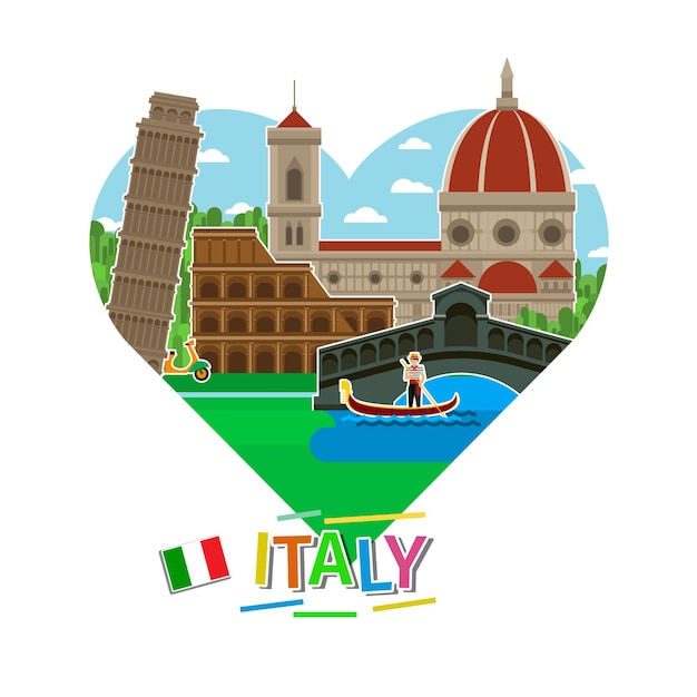 Vector concept van reizen naar italië of italiaans studeren. italiaanse vlag met oriëntatiepunten in de vorm van een hart. toerisme in italië. platte ontwerp, vectorillustratie