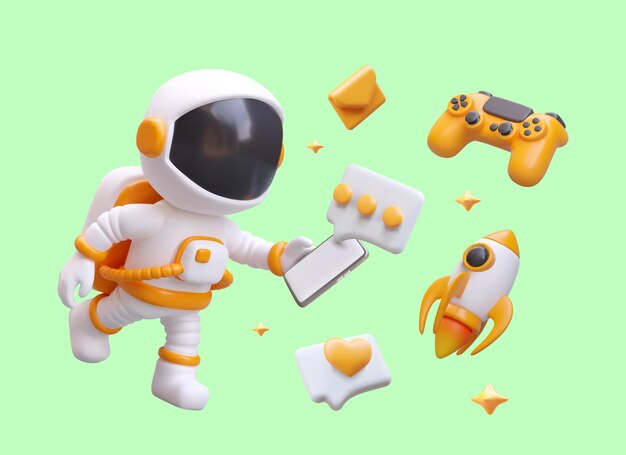 Concept van telefoontoepassingen 3d-astronaut communiceert in messenger vanaf smartphone