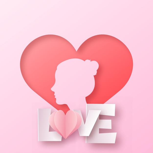 Concept van Valentijnsdag kaart met papier knippen van vrouw gezicht en hart. Vector illustratie.