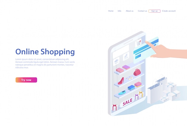 Concept van verkoop, winkelen. mensen winkelen in online winkel met smartphone en een bankkaart. webpagina of brochure, 3d vectorillustratie in plat isometrisch ontwerp.