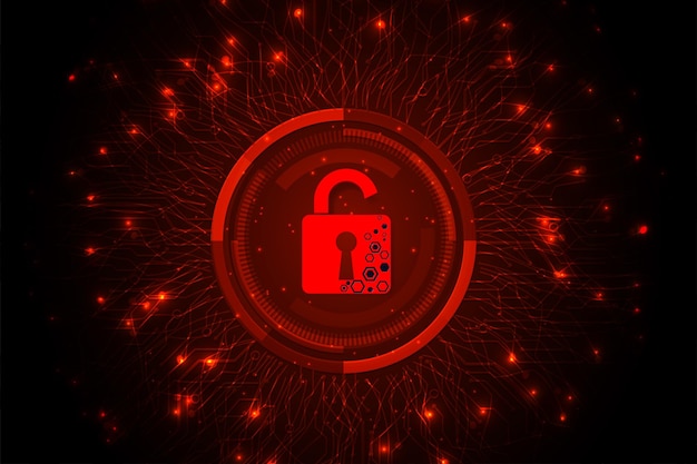 Concept van vernietigd cyberbeveiligingsontwerp Hangslot rood open op donkerrode achtergrond