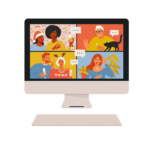 Concept van videoconferentie en webcommunicatie. teamvergadering online. glimlachende mannen en vrouwen werken op afstand en hebben een virtuele kerstdiscussie. illustratie in platte cartoon stijl.