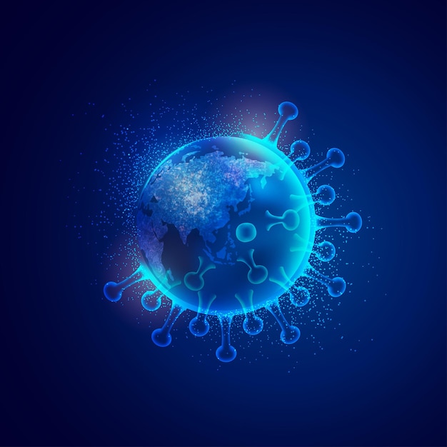 Concept van wereldwijde infecties van covid-19, afbeelding van wereld bedekt met virus