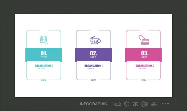 Concept van winkelproces met 3 stappen. Drie kleurrijke grafische elementen. Infografisch, Pictogrammen