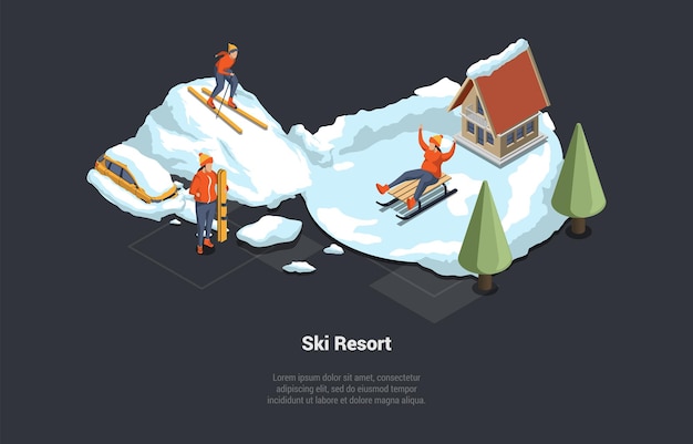 Concept van wintervakanties, vakanties in skigebied, jongens en meisjes skiën en sleeën bergafwaarts, besneeuwde bergen, landschap, wintersneeuw, leuke activiteiten, isometrische 3D-cartoon vectorillustratie