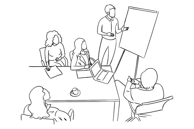 Concept van zakelijke presentatie Vergadering in de kantoor cartoon lijn kunst illustratie