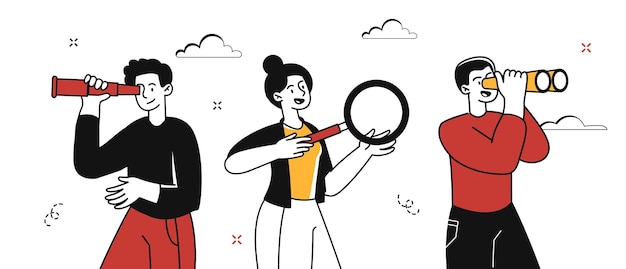 Concept van zoeken man met telescoop man met verrekijker en meisje met vergrootglas kijken