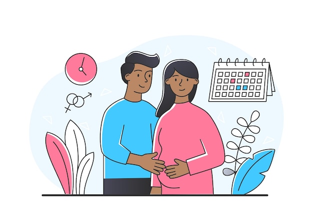 Concept van zwangere man knuffelt meisje gelukkig man en vrouw toekomstige ouders zorgen voor een gezond kind