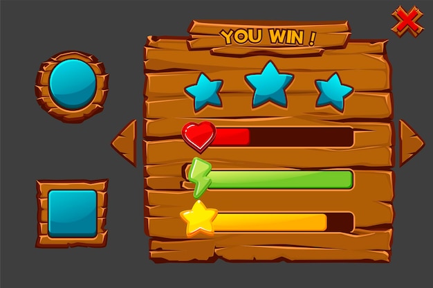 Concept of vector game wooden interface you win. Game window with buttons and icons.