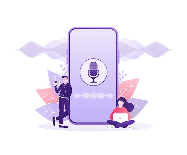 Concept vectorillustratie van jonge mensen met stem assistent spreker erkenning voice