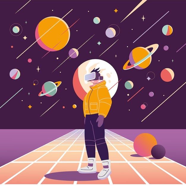 concept of virtual reality tech metaverse cartoon style boy in vr glasses on background with space planets and stars retro futurism trendy modern vector illustration hand drawn flat design