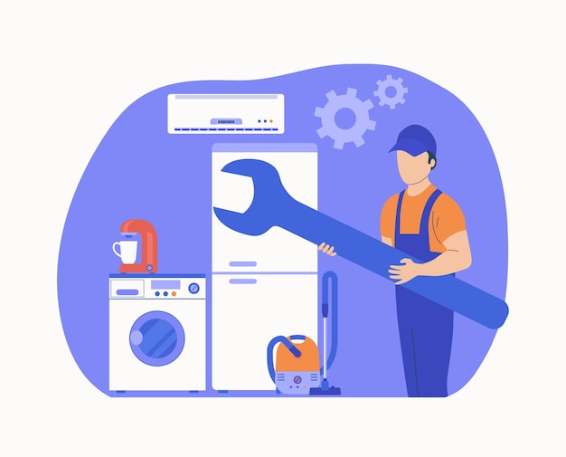 Concept voor reparatieservice voor huishoudelijke apparaten werknemer met gereedschap en verschillende huishoudelijke apparaten. vecto